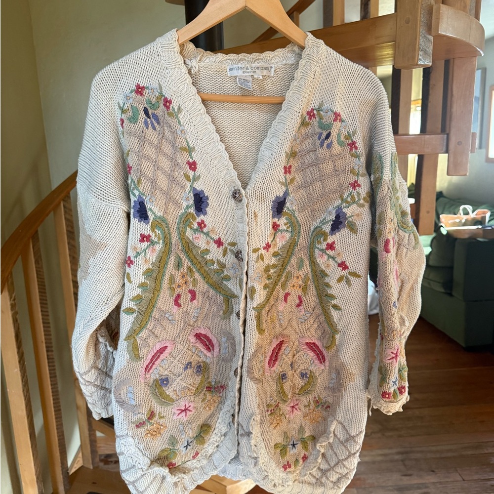 VINTAGE Jennifer Reed Sweater Womens 3x Ivory Floral Cardigan Embroidered